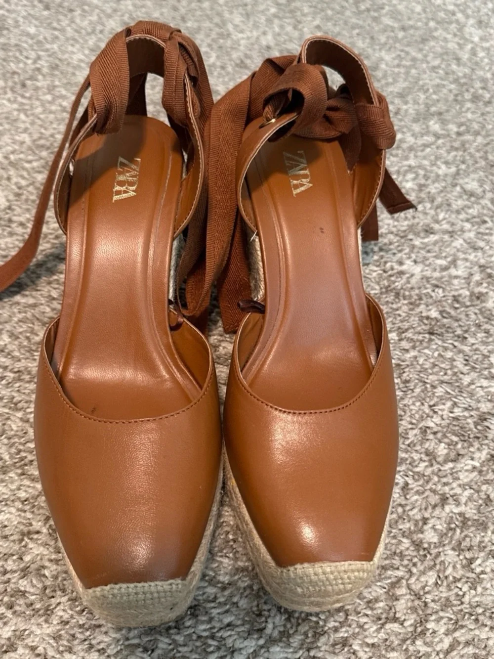 Zara Tan Leather Espadrille Wedge with Ankle Tie